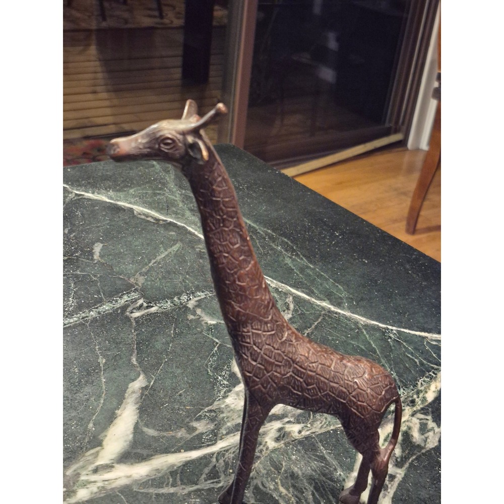 10"‎ Vintage Cast Brass Giraffe Figurine Safari Animal Statue Dark Patina etched